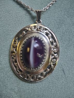 Silver Purple Cat Eye Oval Pendant Necklace